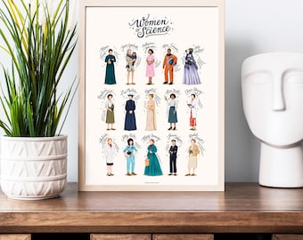 May include: A framed print featuring illustrations of notable women in science. The artwork includes the text "Women of Science" and depicts various figures in colorful attire, with their names written below. The print is displayed on a wooden cabinet.