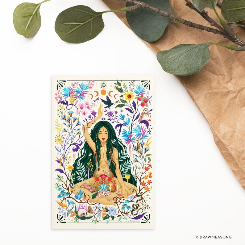 May include: A colorful illustration of a woman meditating in a lush garden. She is surrounded by flowers, plants, and animals, including a bird, an owl, and a snake. The woman has long green hair and is wearing a beaded necklace. The background is a white canvas with a border of blue and green.