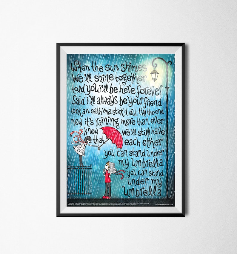 Umbrella Typography Lyrics Poster Pop Song Illustration Etsy