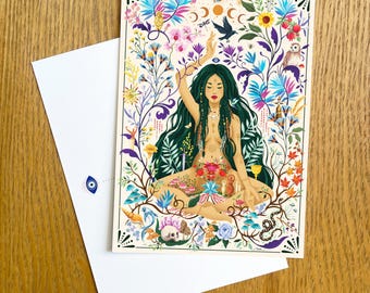 Divine Feminine Postcard, Sacred Feminine Art Card, Spiritual Gift for Her, Moon Phases Art, Goddess Card, Feminist Gift, Botanical Art