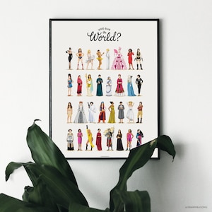 May include: A white poster with the text "Who run the world?" in black cursive font. The poster features a colorful illustration of 30 women in various outfits and poses.
