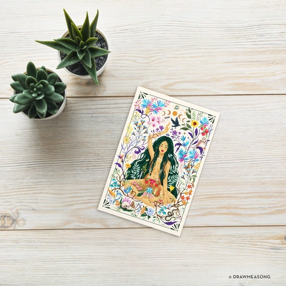 Divine Feminine Postcard, Spiritual Art Mindfulness Gift, Meditation Postcard, Astrology Gift, Sacred Feminine Floral Art, Fertility Goddess