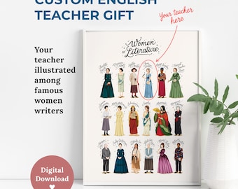 Personalized English Teacher Gift, Custom Illustrated Teacher Portrait, Women Writers Art, Christmas Gift, Teacher Appreciation Gift for Her
