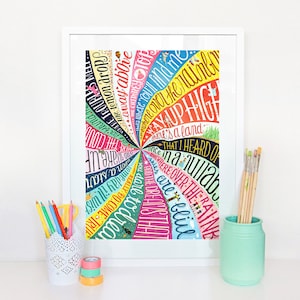 Cartel de la película del mago de Oz, sobre la letra de la tipografía del arco iris, cartel de la música de la caligrafía, regalo de los niños lindos, impresión del arte de la guardería, arte de la pared divertida
