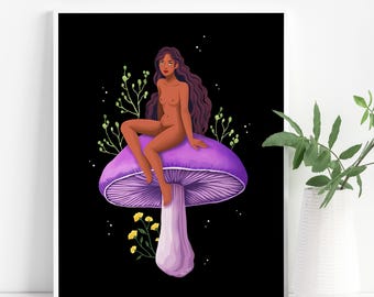 Whimsical Mushroom Goddess Art Print, Fantasy Decor
