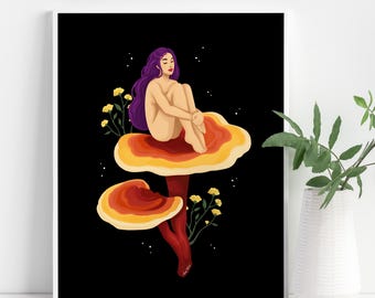Mushroom Goddess Art Print, Whimsical Reishi, Boho Decor