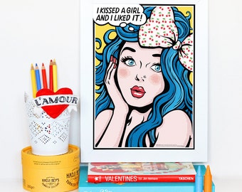 I Kissed a Girl Pop Art Poster, Comic Book Style Illustration, Music Art Print, Home Decor, LGBT Pride Gift, Fun Pop Art Gift for Her, LGBTQ