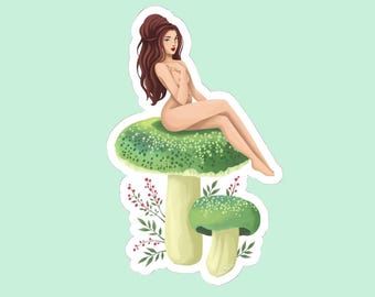 Mushroom Fairy Vinyl Sticker, Divine Feminine Art, Nature Decor