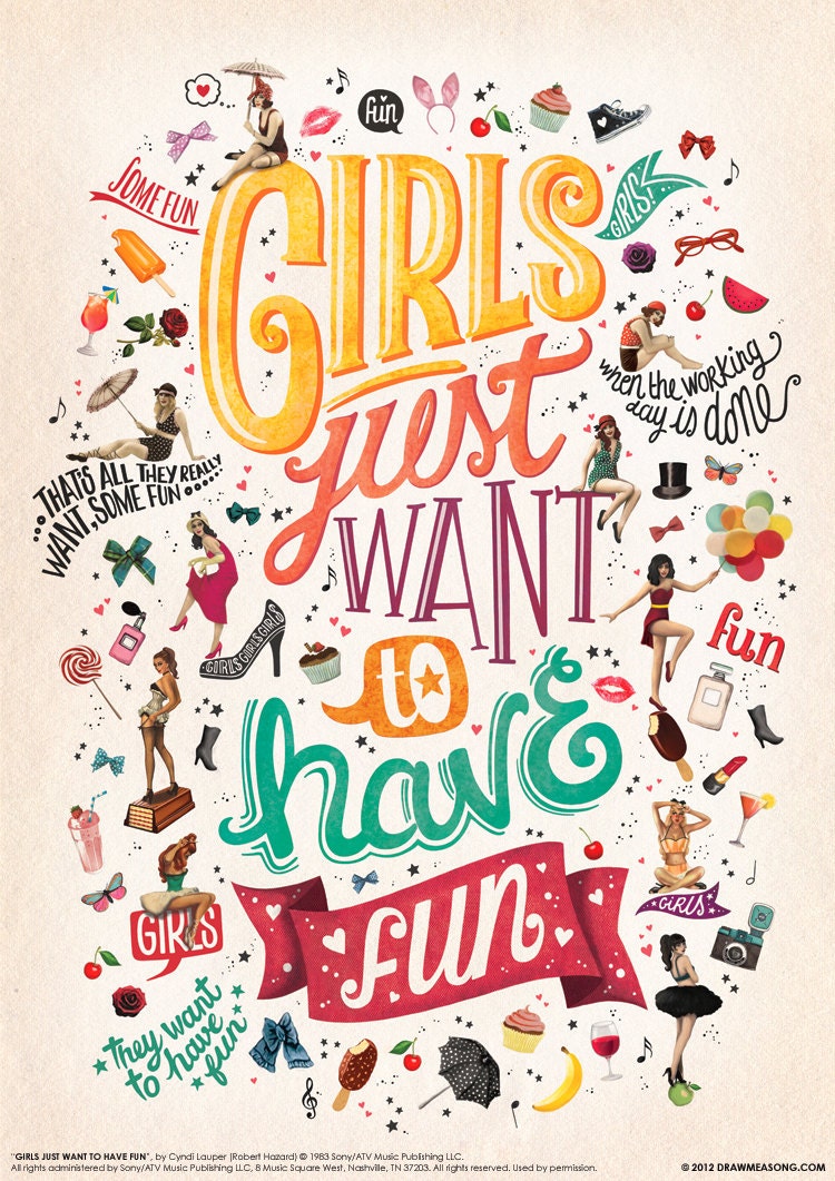 Girls Just Want to Have Fun Pin up Vintage Typography Lyrics Poster ...