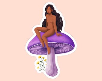 Whimsical Mushroom Goddess Sticker, Eco-Friendly Decal