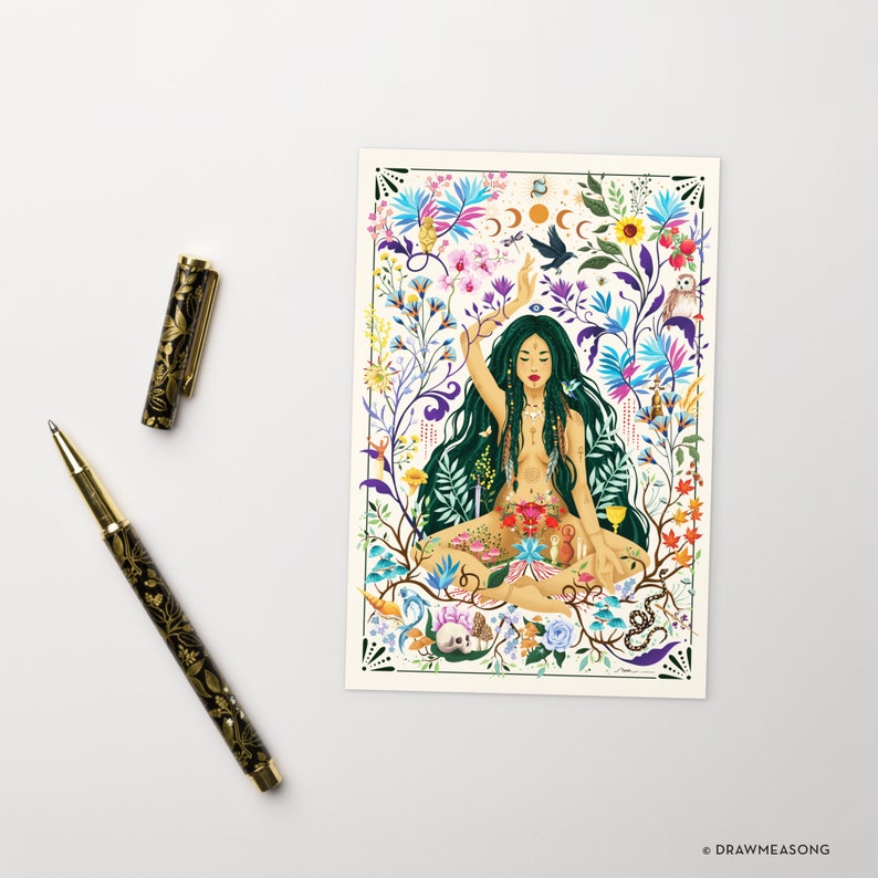 May include: A colorful illustration of a woman meditating in a lush garden. She is surrounded by flowers, plants, and animals. The woman has long green hair and is wearing a flower crown. The background is a light cream color.