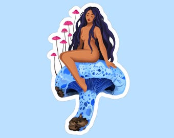 Mushroom Goddess Vinyl Sticker, Indigo Milk Cap Art, Boho Decal