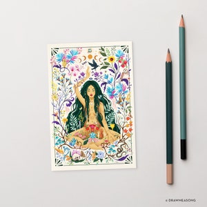 May include: A colorful illustration of a woman meditating in a lush garden setting. She is surrounded by flowers, plants, and animals, including a snake, a bird, and a skull. The woman has long green hair and is wearing a flower crown. The background is a white frame.