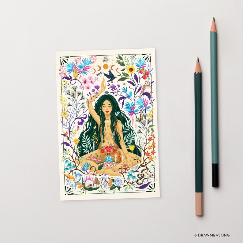 May include: A colorful illustration of a woman meditating in a lush garden setting. She is surrounded by flowers, plants, and animals, including a snake, a bird, and a skull. The woman has long green hair and is wearing a flower crown. The background is a white frame.