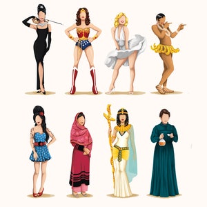 May include: A digital illustration of ten women in different costumes and poses. The women are wearing a variety of outfits, including a black dress, a Wonder Woman costume, a white dress, a banana costume, a blue dress, a red and black dress, a white dress with gold accents, a green dress, and a black and white dress. The illustration is set against a white background.