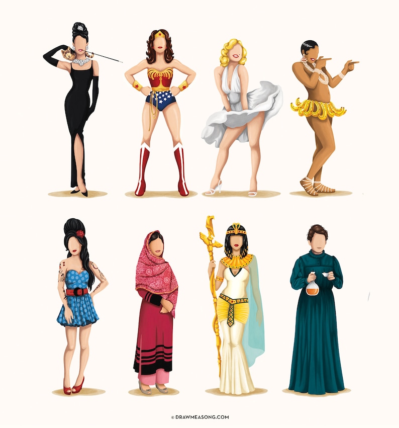 May include: A digital illustration of ten women in different costumes and poses. The women are wearing a variety of outfits, including a black dress, a Wonder Woman costume, a white dress, a banana costume, a blue dress, a red and black dress, a white dress with gold accents, a green dress, and a black and white dress. The illustration is set against a white background.