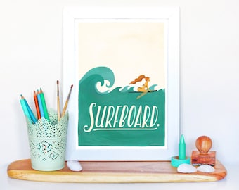 Surfboard Typography Poster, Pop Illustration, Music Art Print, Home Decor, Gouache Lettering, Fun Pop Culture Gift, Summer Vibes, Surfing