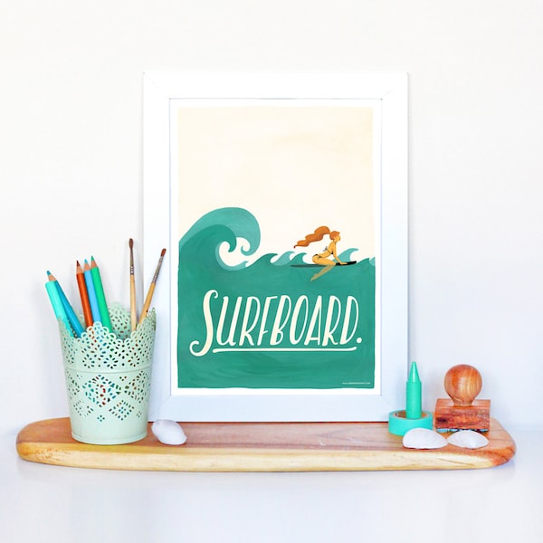 Surfboard Typography Poster, Pop Illustration, Music Art Print, Home Decor, Gouache Lettering, Fun Pop Culture Gift, Summer Vibes, Surfing