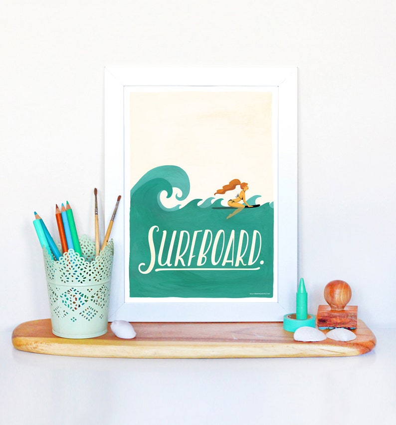 Surfboard Typography Poster, Pop Illustration, Music Art Print, Home Decor, Gouache Lettering, Fun Pop Culture Gift, Summer Vibes, Surfing image 1