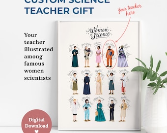 Personalized Science Teacher Gift, Custom Illustrated Teacher Portrait, Women in STEM Art, Christmas Gift, Teacher Appreciation Gift for Her