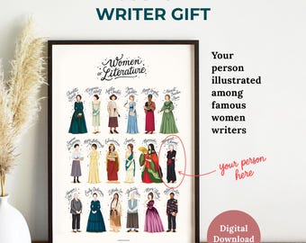 Personalized Writer Gift, Custom Illustrated Portrait, Women Writers Art, Literature Student Gift, Author, Poet, Reader, Book Lover Wall Art