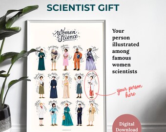 Personalized Scientist Gift, Custom Illustrated Portrait, Women in STEM Art, Science Student Gift, Researcher, Biologist, Chemist, Physicist