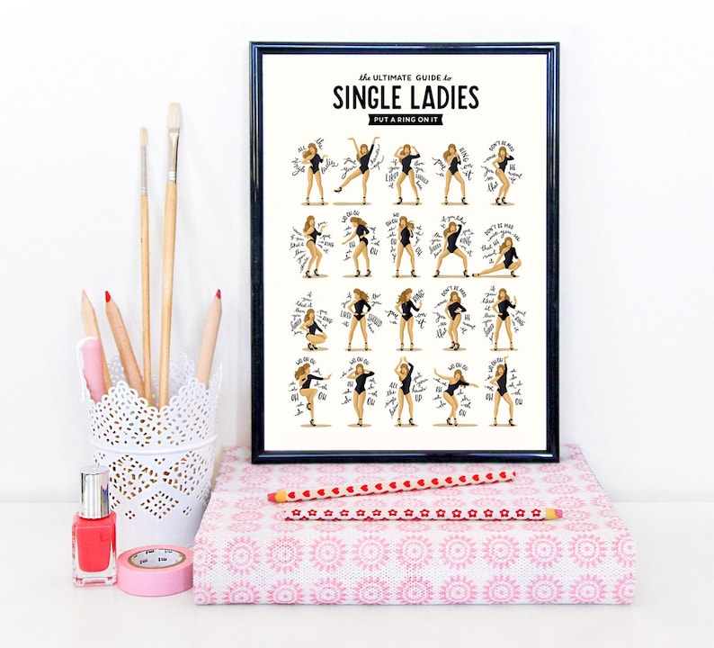 Single Ladies Dance Music Poster, Queen B Gift for Her, Dance Tutorial Illustration, Funny Poster, Fun Pop Art Wall Art, Typography Lyrics 