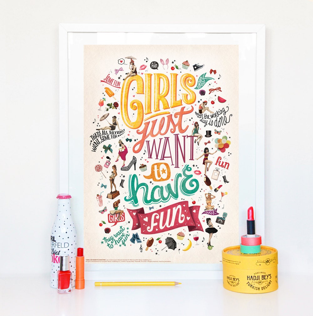 Girls Just Want to Have Fun Pin up Vintage Typography Lyrics   Etsy