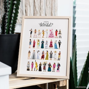 May include: A framed print with the text "Who Run the World?" and a colorful illustration of 30 women in various poses and outfits.