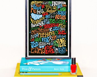 Imagine Psychedelic Typography Print, Song Lyrics Art Print, Rock