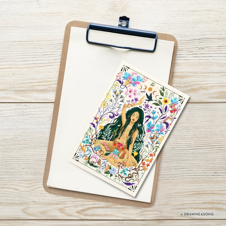 May include: A colorful illustration of a woman sitting in a lotus position surrounded by flowers, plants, and animals. The woman has long dark hair and is wearing a necklace. The background is a cream color.