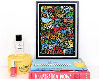 Imagine Psychedelic Typography Print, Song Lyrics Art Print, Rock