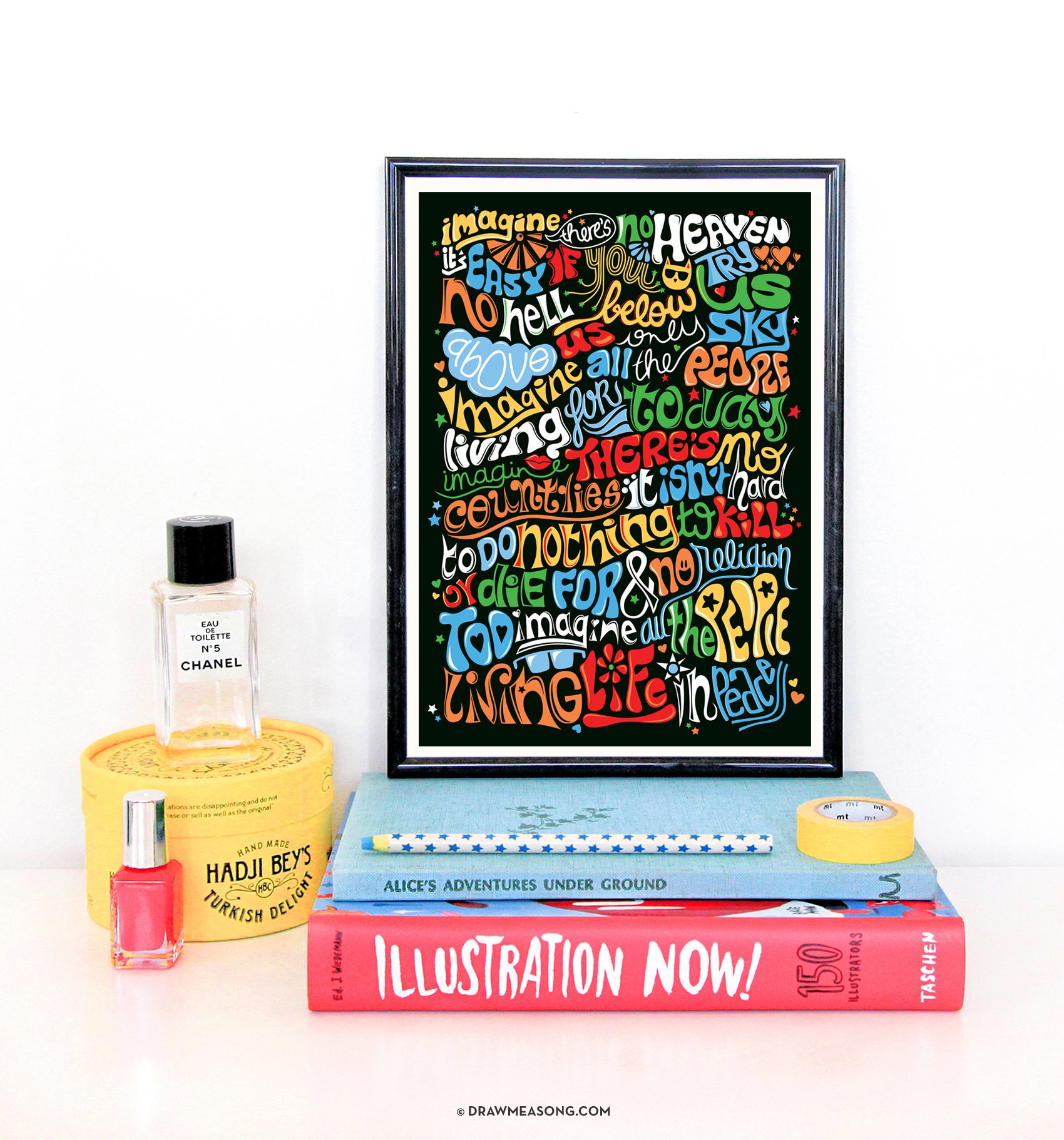 Imagine Psychedelic Typography Print, Song Lyrics Art Print, Rock