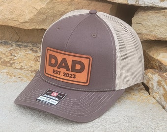 Dad hat gift for Father’s Day, Richardson 112 trucker hat for dad, Custom leather patch hat for new dad, Baby shower Gift for new dad