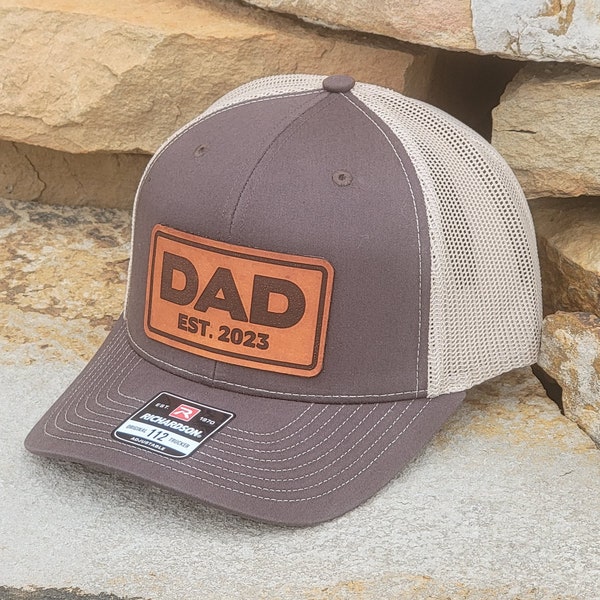 Dad hat gift for Father’s Day, Richardson 112 trucker hat for dad, Custom leather patch hat for new dad, Baby shower Gift for new dad