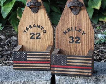 Gift for Fireman Gift || THIN RED LINE Flag || Beer Bottle Opener Catcher || Rustic Wood Cap Catcher || Firefighter Gift Thin Blue Line Gift