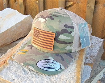 Custom Trucker Leather Patch Hat, American Flag, Richardson 112, YP, Snapback, Laser Engraved Leather