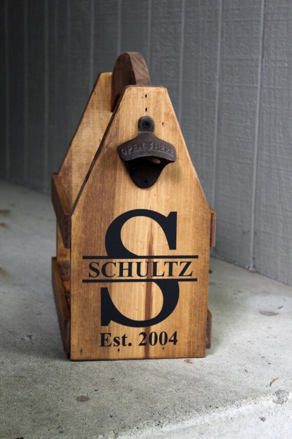 Six Pack Carrier Beer Monogram Rustic Wood Tote Caddy Image 0