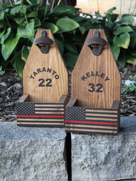 GIFT FOR FIREFIGHTER Gift Fireman Gift Thin Red Line Flag Beer Bottle Opener Catcher Rustic Wood Cap Catcher