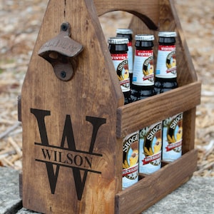MONOGRAM LETTER Rustic Wood Beer Tote - Beer Carrier - Beer Caddy - Man Cave - Brewery - Personalized - Bottle Opener - Repurposed Wood
