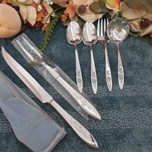 Vintage UsA MY ROSE Vintage Oneida Usa 18/8 Community Line Stainless Six Serving Pieces Lot Carving Knife Fork Set, Excellent