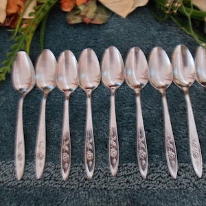 Vintage Oneida Usa  MY ROSE 18/8 Community Line Stainless Nine Teaspoons Very Good Used Light Patina in Some Bowls