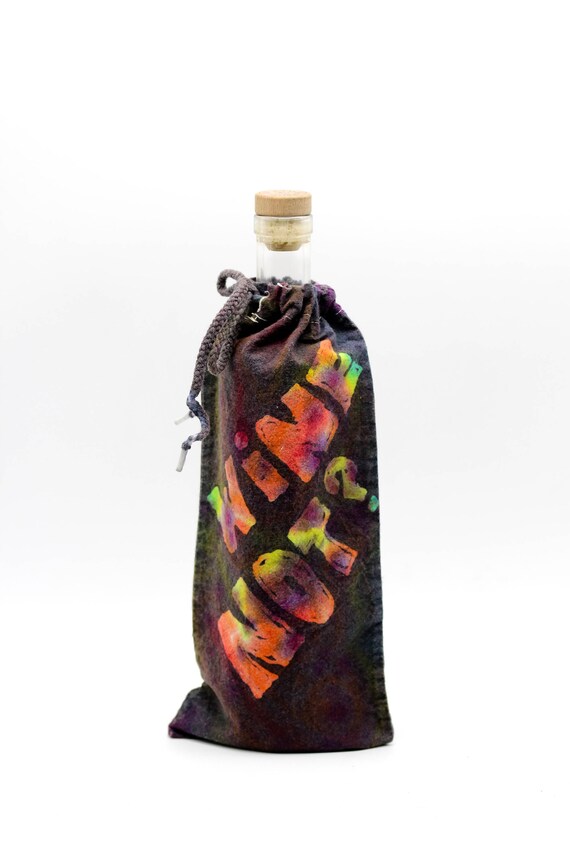 Hippie Gift OOAK Trippy Rainbow Bottle Cover Batik Wine Bag
