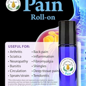 May include: A blue roll-on bottle of "Pain" essential oil. The label includes the brand "Essential Oils To Go" and lists uses for arthritis, back pain, and more. The bottle contains 0.338 fl oz (10ml) of essential oil blend.