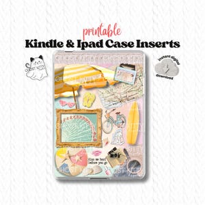 May include: Printable Kindle & iPad case inserts featuring a beach theme. The design includes a yellow and white striped umbrella, a map, a surfboard, and the text "Kiss me hard before you go."
