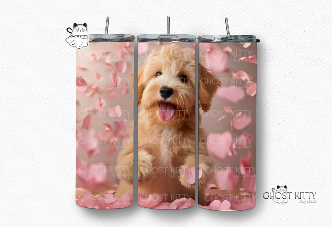 Pink Golden Doodle Valentines Day Tumbler Wrap Doodle Puppy 3D PNG 20oz ...