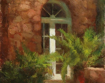 Blumenbild von Tür, Hauseingang, Türbild, 30x24cm, Gemälde von Sherri Aldawood, 30x24cm, Türbild, rustikale Kunst,