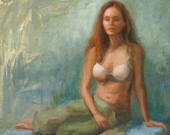 Figure painting of young woman, original oil, "Mermaid", 12"x12", by Sherri Aldawood