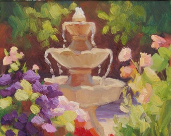 Art du sud-ouest, peinture de l'Arizona, plein air, peinture à l'huile originale, « Garden Fountain », 6 x 6 pouces, par Sherri Aldawood, fleurs, jardin, paysage