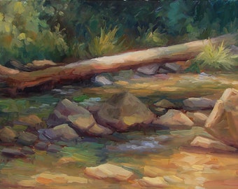 Landschaftsbild von einem Gebirgsbach, Süddeutsche Wand Kunst, Arizona Kunst, original Ölgemälde, &quot;Abgefallener Baum&quot;
